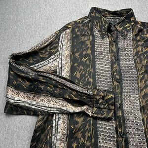 Genelli‎ 100% Silk Shirt Men's Medium Brown Black All Over Print Long Sleeve